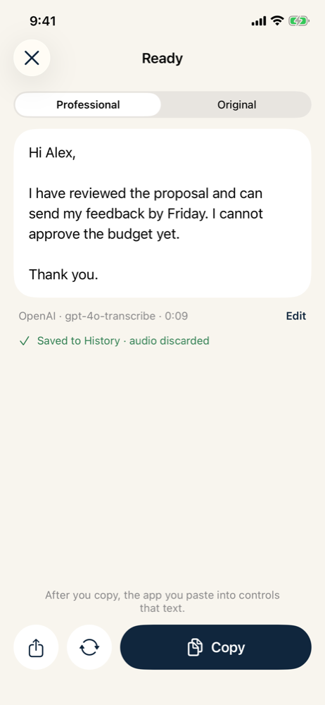 Larken result: a rambling voice note turned into a polished email to Alex